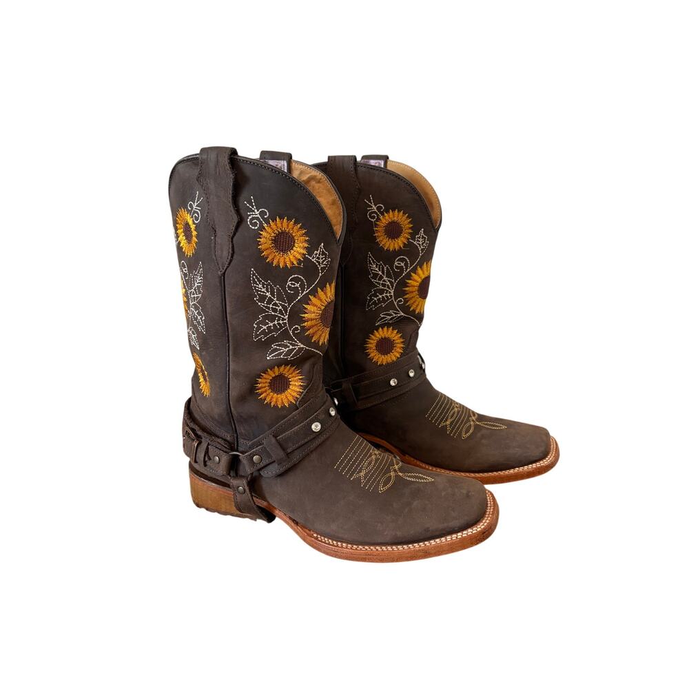 San Pedro Leather Embroidered Sunflower Pattern Square Toe Western Boots US 9